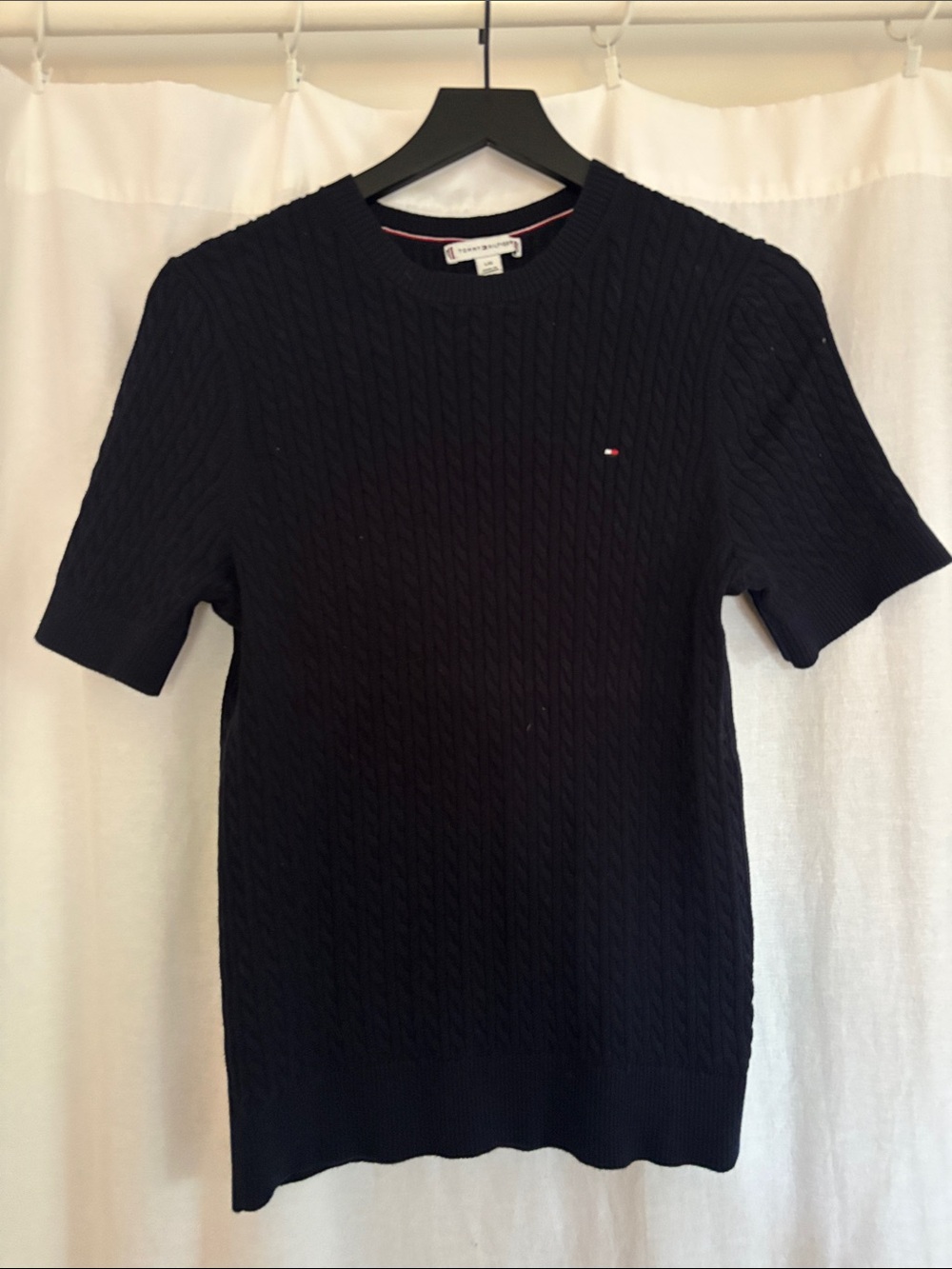 Tommy Hilfiger Navy Cable Knit Short Sleeve Sweater - L